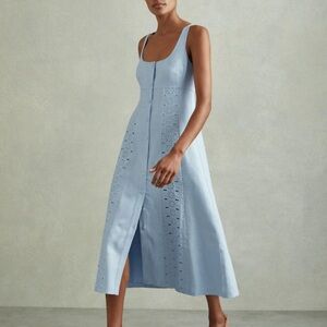 NWT Reiss Light Blue Clarice Linen Broderie Midi Dress with Eyelet Detail